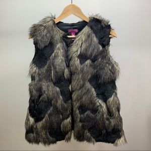 aqua // black & gray & tan faux fur vest